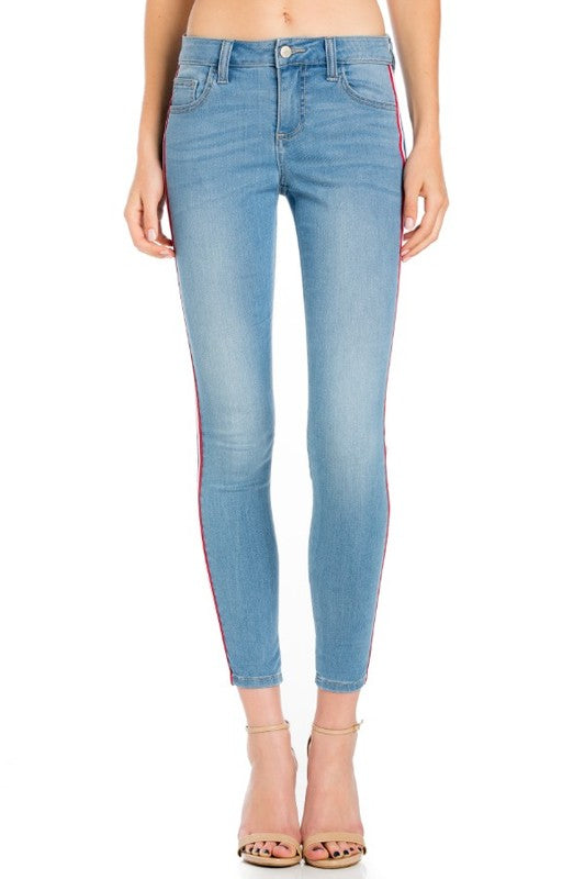 Skinny Jean with Medium Blue Wash Striped Side Detailed