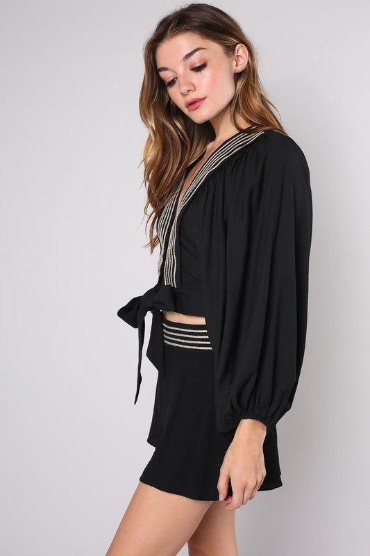 Fashion Black Gold Embroidery Puffy Sleeve Tie-Up Top