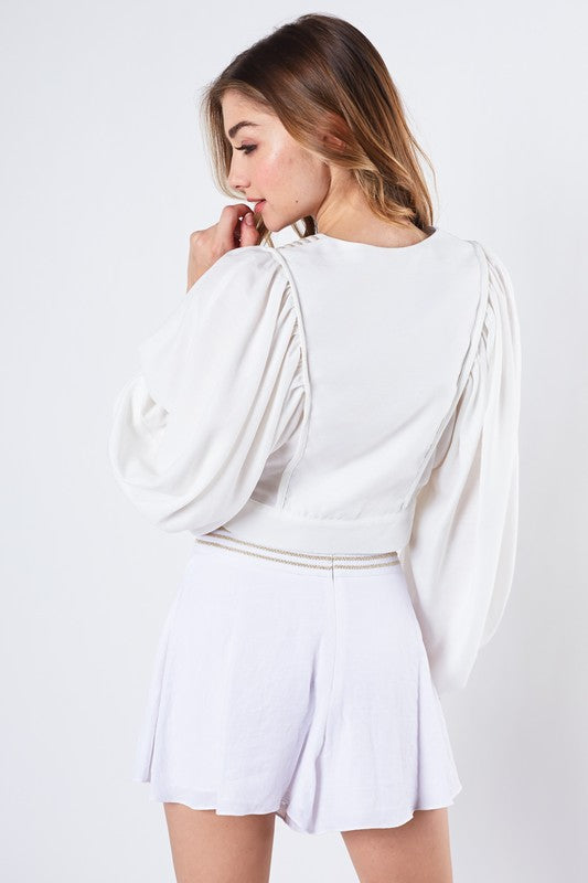 Fashion White Gold Embroidery Puffy Sleeve Tie-Up Top