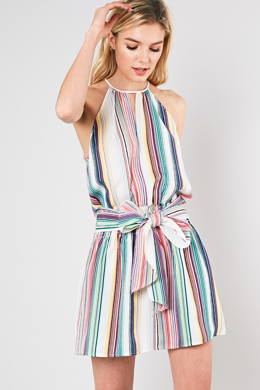 Fashion Halter Multi-Color Striped Slevelees Tie-Up Dress