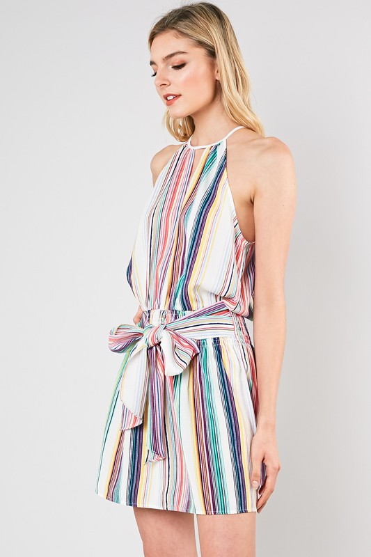 Fashion Halter Multi-Color Striped Slevelees Tie-Up Dress