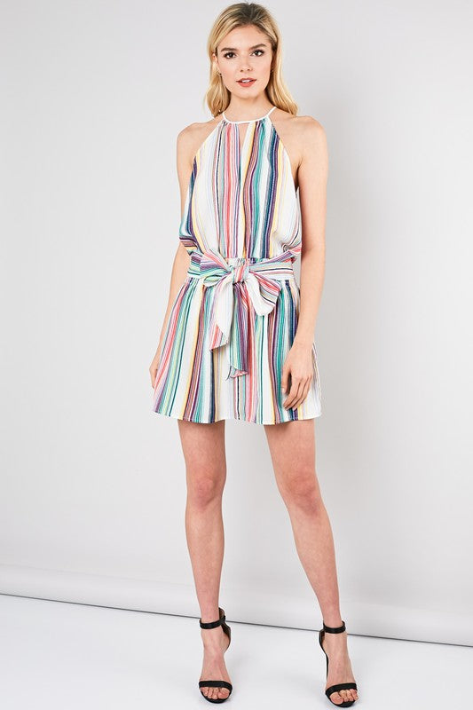 Fashion Halter Multi-Color Striped Slevelees Tie-Up Dress
