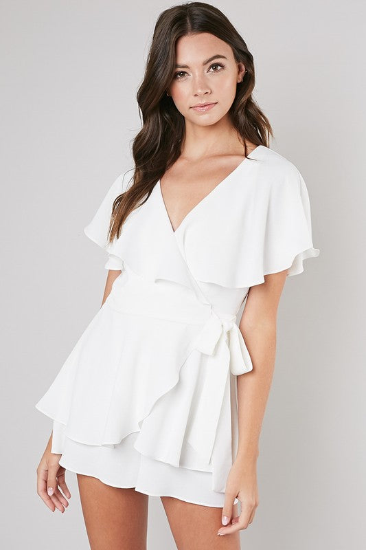 Fashion White Wrap Ruffle Romper