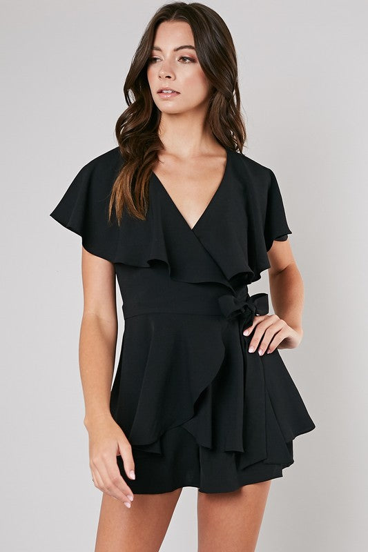 Fashion Black Wrap Ruffle Romper