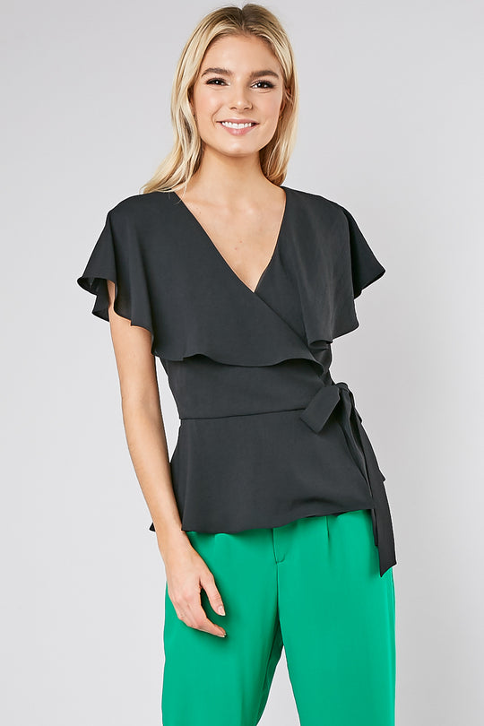 Elegant Black Wrap Tie-Up Ruffle Top