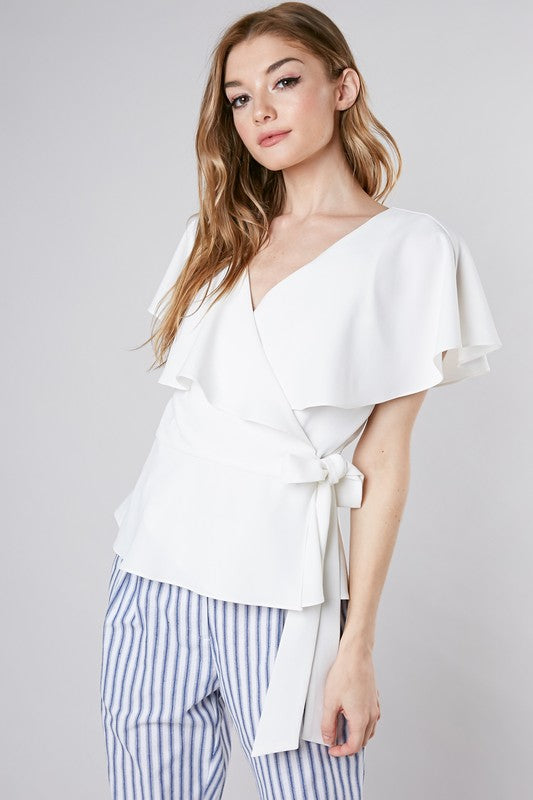 Elegant White Wrap Tie-Up Ruffle Top