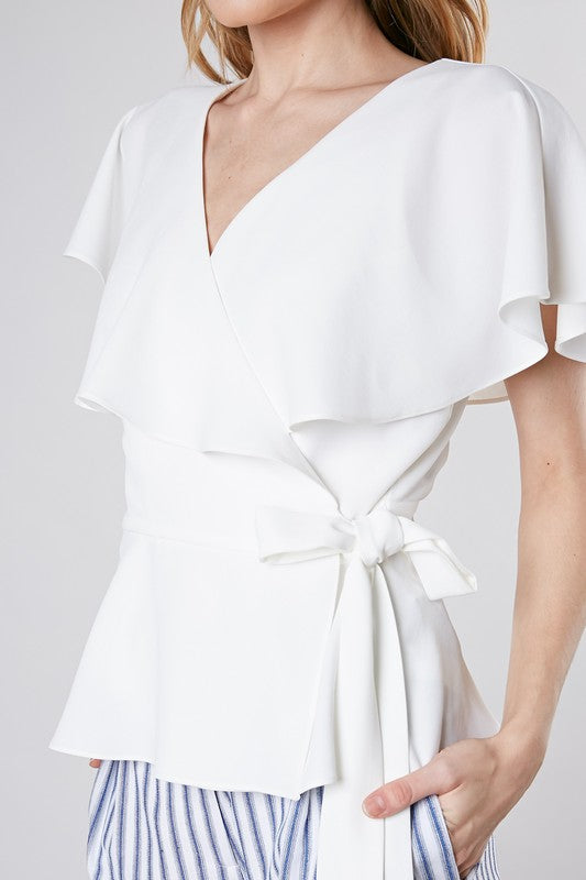 Elegant White Wrap Tie-Up Ruffle Top