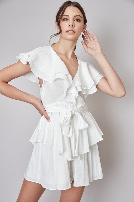 Fashion Summer White Wrap Tie-Up Ruffle Romper