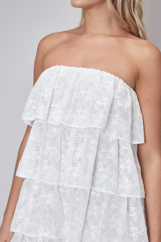 Fashion Summer Strapless White Floral Lace Ruffle Dress