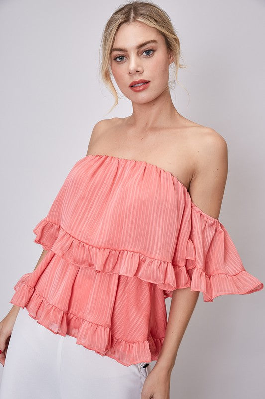 Elegant Off Shoulder Light Coral Textured Detailed Ruffle Top