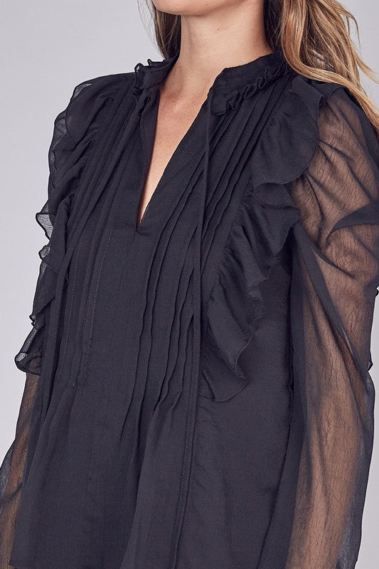 Elegant Black Tie-Up Ruffle Pleated Detailed Long Sleeve Blouse