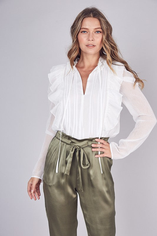 Elegant White Tie-Up Ruffle Pleated Detailed Long Sleeve Blouse