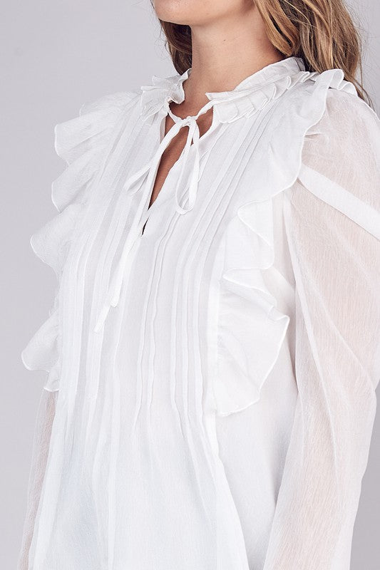 Elegant White Tie-Up Ruffle Pleated Detailed Long Sleeve Blouse