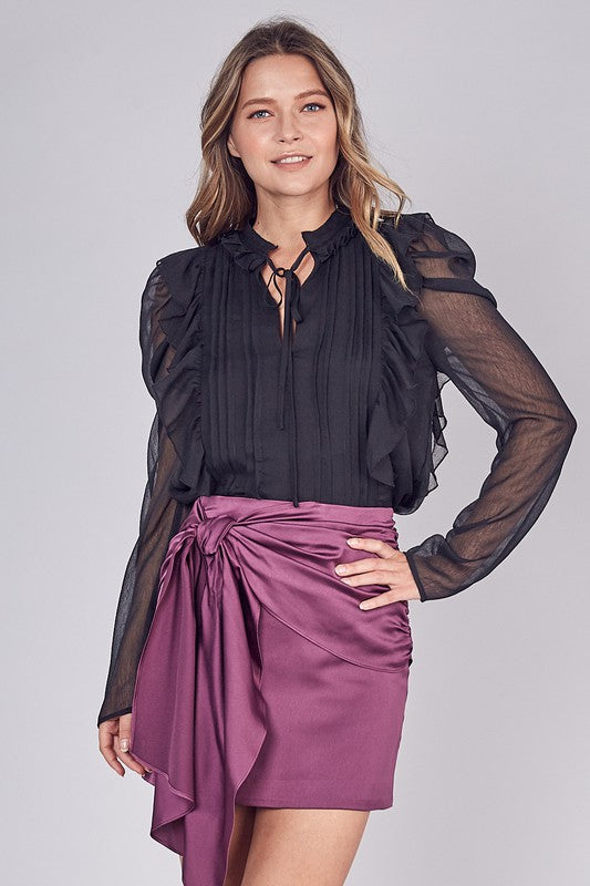 Elegant Black Tie-Up Ruffle Pleated Detailed Long Sleeve Blouse