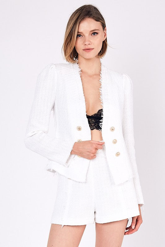Elegant White Detailed Texture Gold Button Jacket