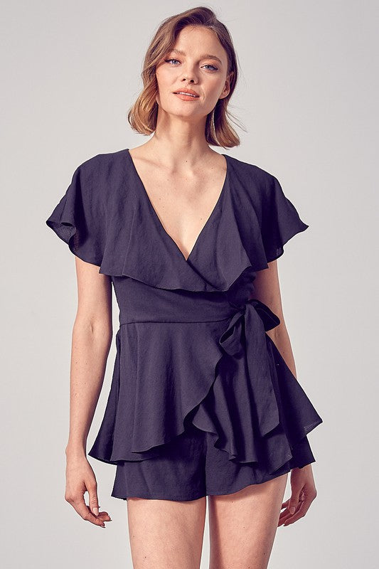 Fashion Summer Black Wrap Tie-Up Ruffle Open Back Romper