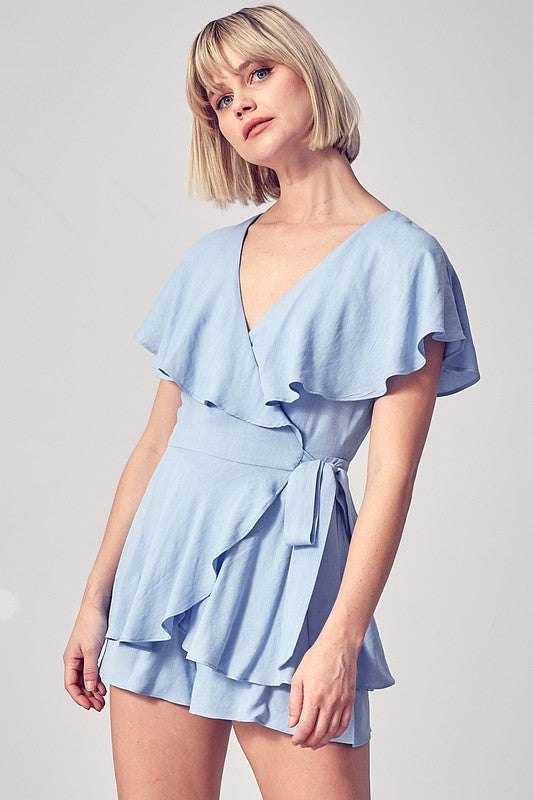 Fashion Summer Periwinkle Wrap Tie-Up Ruffle Open Back Romper