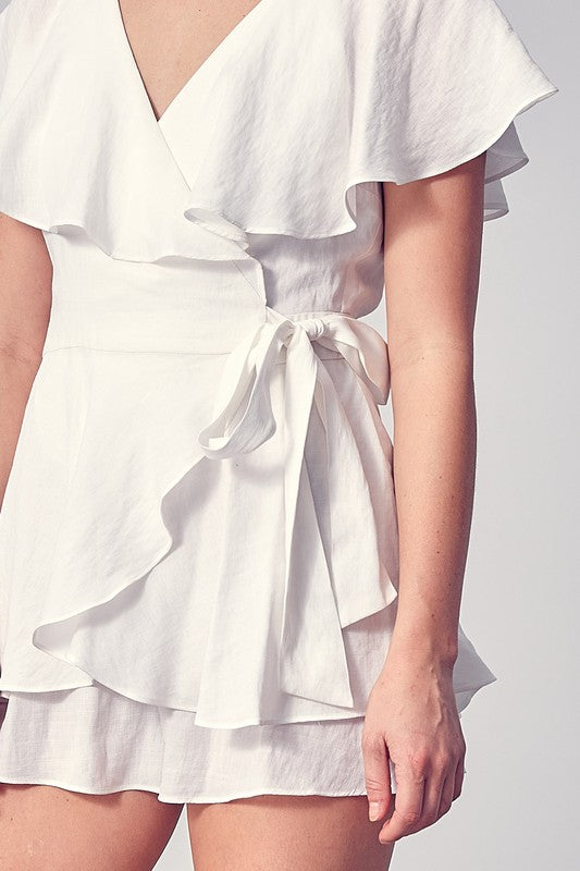 Fashion Summer Off White Wrap Tie-Up Ruffle Open Back Romper