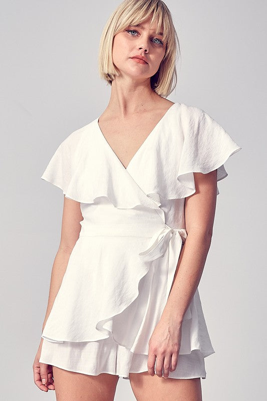 Fashion Summer Off White Wrap Tie-Up Ruffle Open Back Romper