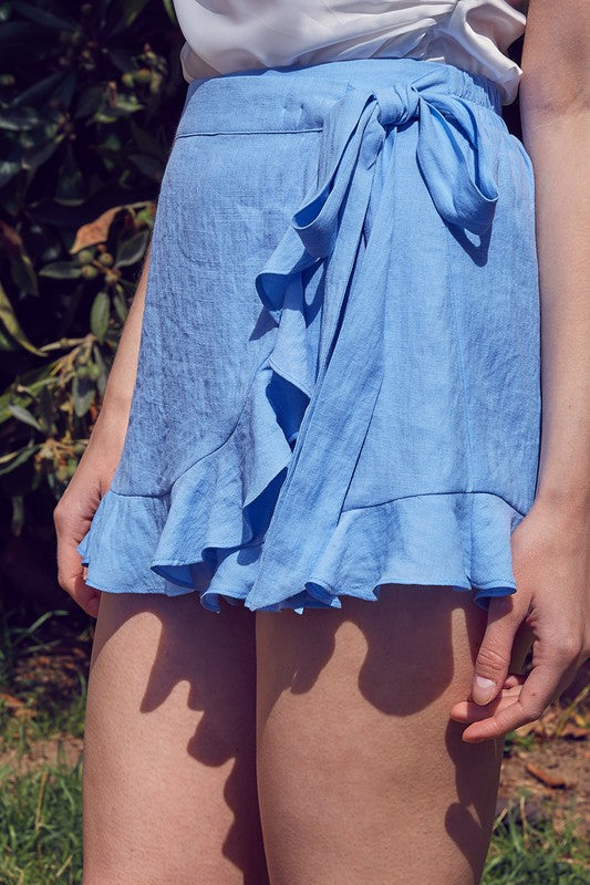 Fashion Summer Blue Ruffle Side Tie-Up Skort