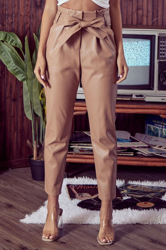 Elegant Latte Faux Leather High Waisted Tie-Up Pants