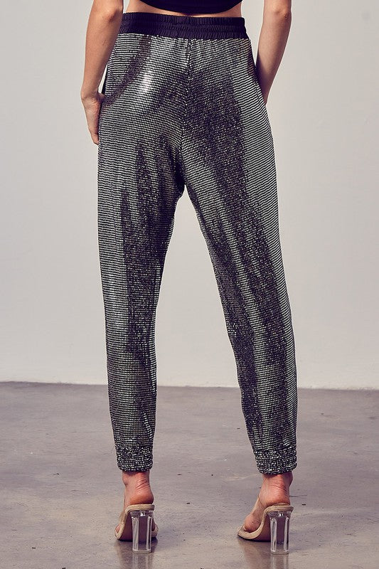 Elegant Black Silver Sequence Tie-Up Pants