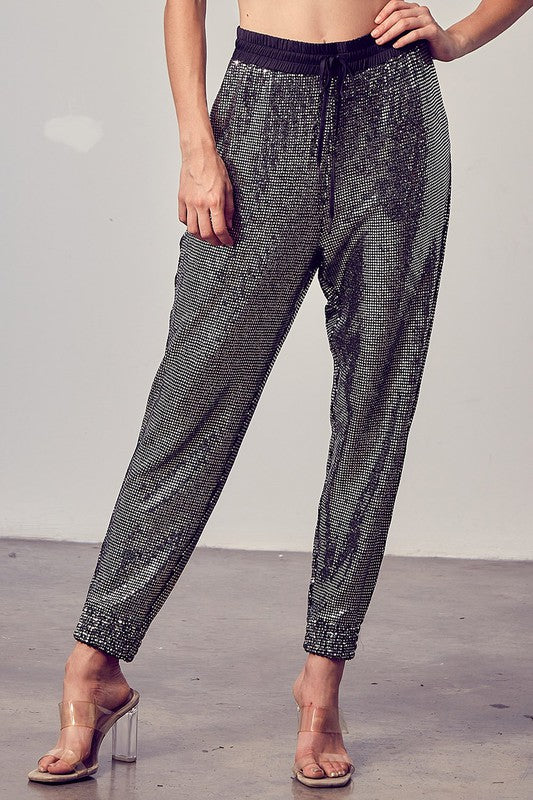 Elegant Black Silver Sequence Tie-Up Pants