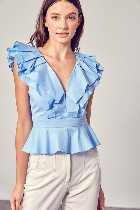 Elegant Chambray Ruffle V-Neck Peplum Top
