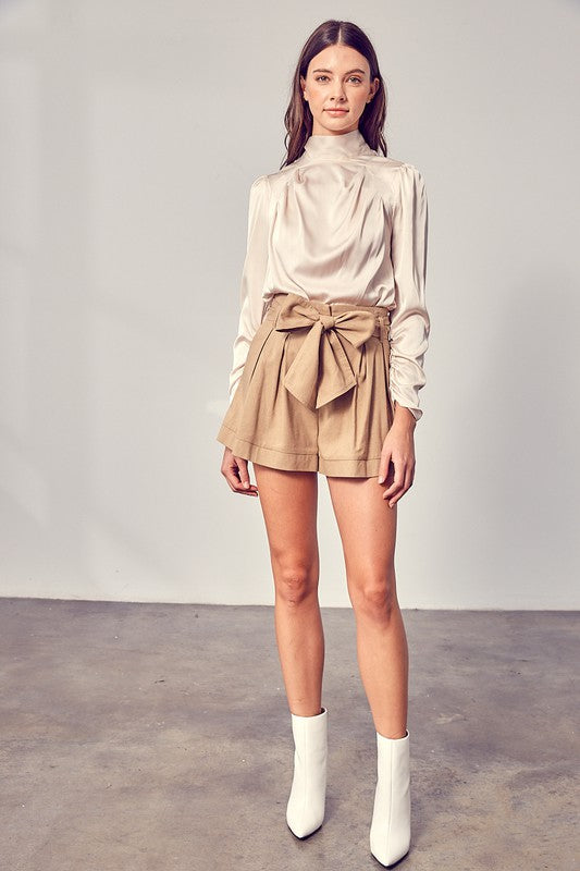 Elegant Summer Taupe Tie-Up Ruffle High Waisted Shorts