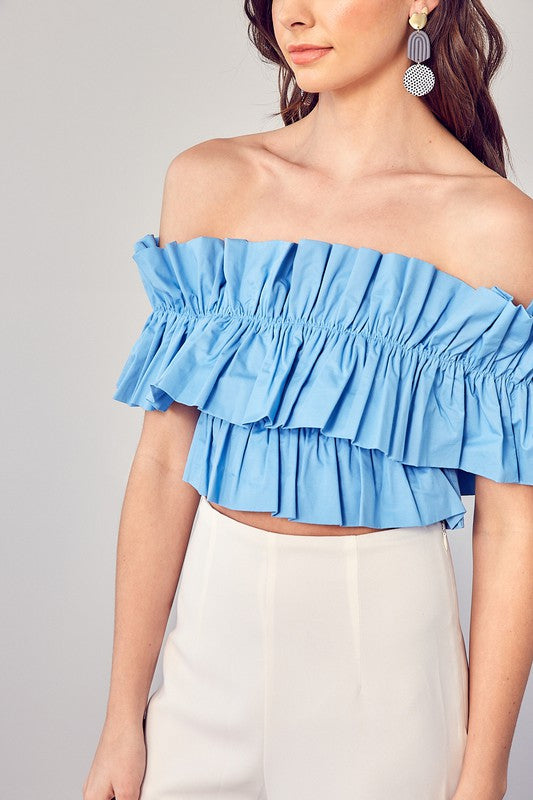 Elegant Off Shoulder Chambray Ruffle Crop Top