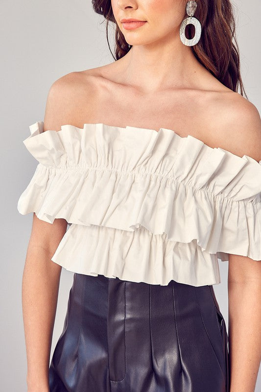 Elegant Off Shoulder Off White Ruffle Crop Top
