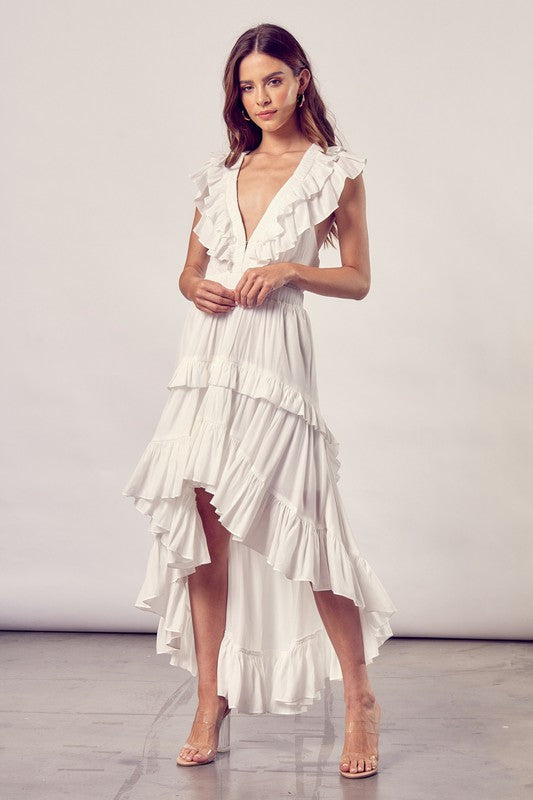 Fashion White V-Neck High Low Ruffle Cross Open Back Sleeveless Maxi Dress L / White Fashion White V-Neck High Low Ruffle Cross Open Back Sleeveless Maxi Dress L / White
