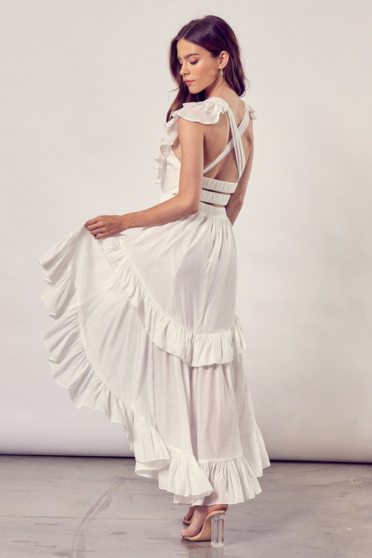 Fashion White V-Neck High Low Ruffle Cross Open Back Sleeveless Maxi Dress