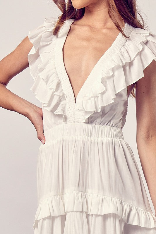 Fashion White V-Neck High Low Ruffle Cross Open Back Sleeveless Maxi Dress L / White Fashion White V-Neck High Low Ruffle Cross Open Back Sleeveless Maxi Dress L / White