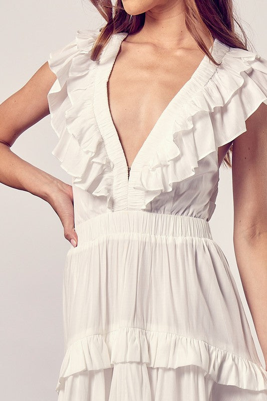 Fashion White V-Neck High Low Ruffle Cross Open Back Sleeveless Maxi Dress