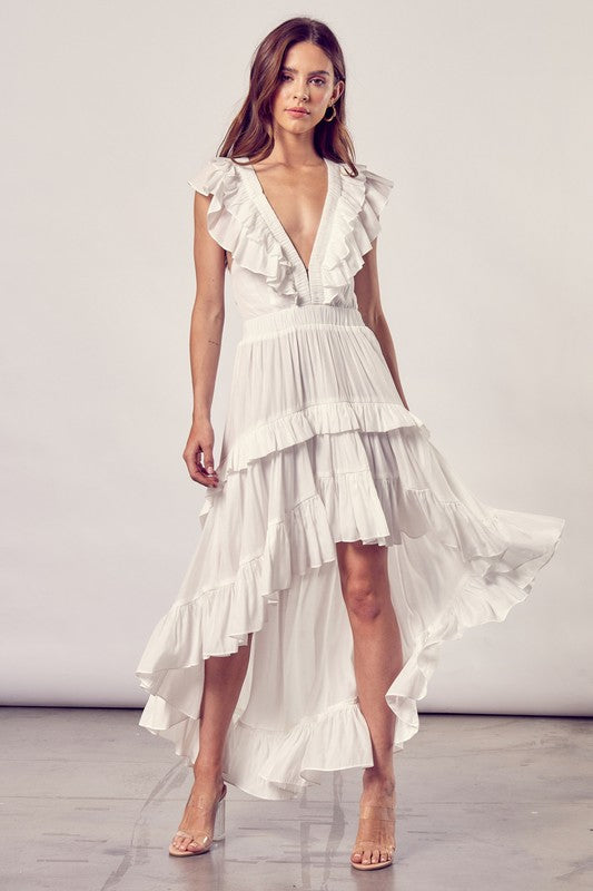 Fashion White V-Neck High Low Ruffle Cross Open Back Sleeveless Maxi Dress