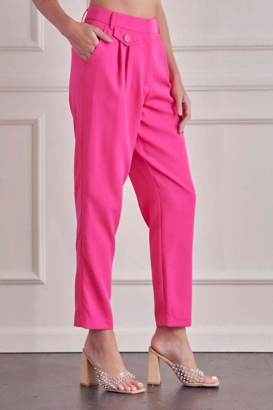 Elegant Bright Pink Front Detailed High Waisted Pants