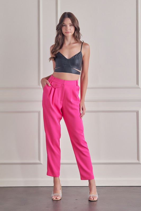 Elegant Bright Pink Front Detailed High Waisted Pants