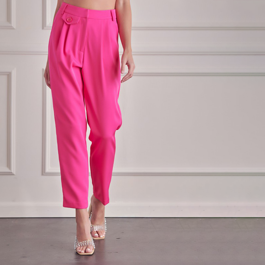 Elegant Bright Pink Front Detailed High Waisted Pants