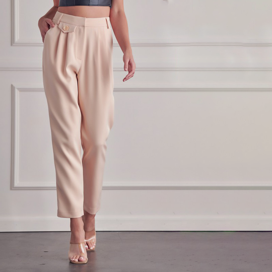 Elegant Light Beige Front Detailed High Waisted Pants