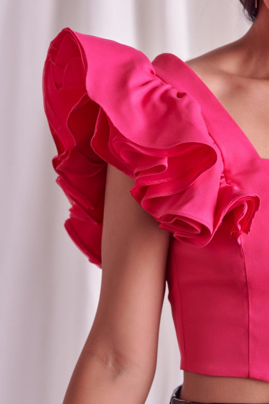 Fashion Hot Pink Band Ruffle Sleeve Detailed Crop Top