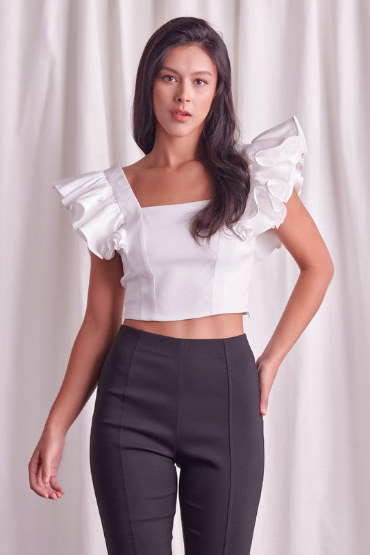 Fashion Off White Band Ruffle Sleeve Detailed Crop Top