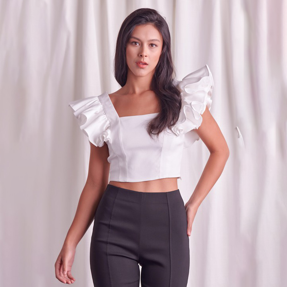 Fashion Off White Band Ruffle Sleeve Detailed Crop Top
