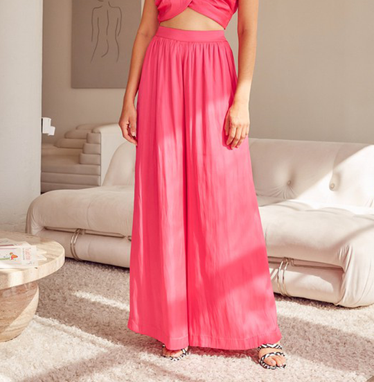 Fashion Bright Pink Satin High Waisted Wide Leg Pants