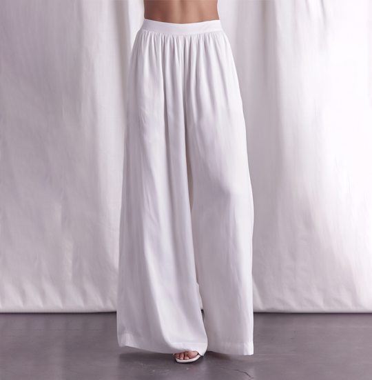 Fashion White Satin High Waisted Wide Leg Pants