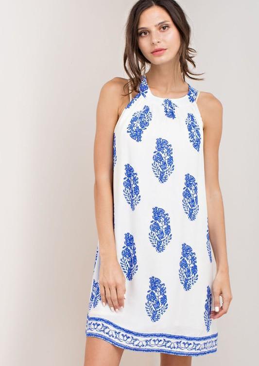 Casual Halter Ivory Dress with Blue Print