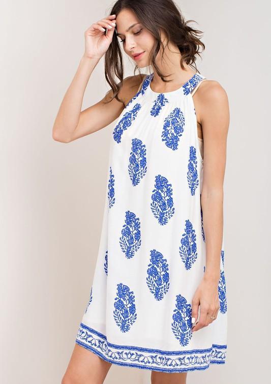 Casual Halter Ivory Dress with Blue Print