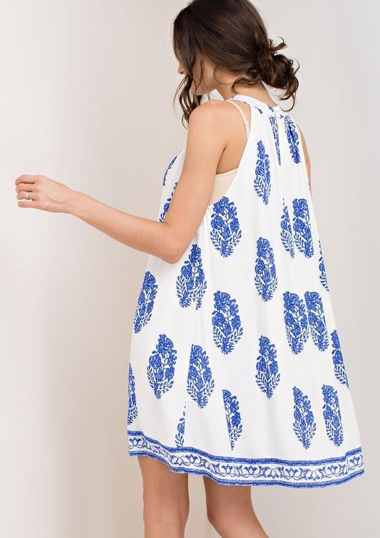 Casual Halter Ivory Dress with Blue Print