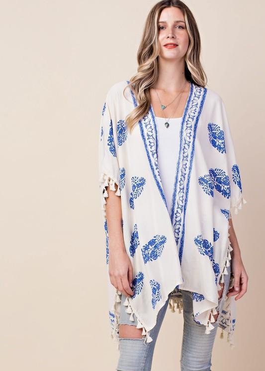 Casual Ivory Kimono with Blue Print Tassel