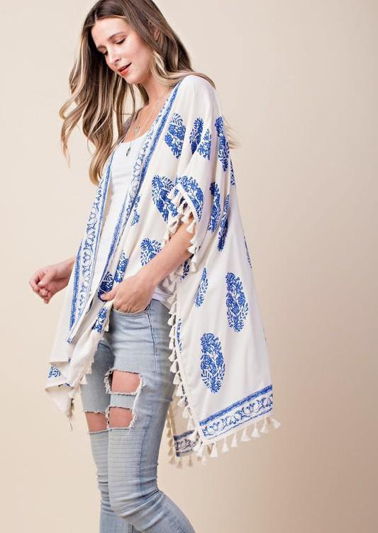 Casual Ivory Kimono with Blue Print Tassel